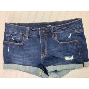 Aero Size 14 Womens Shorts Mid Rise Distress Cuff Hem Dark Wash Stretch